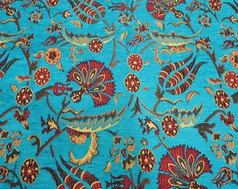 Upholstery Fabric,Turkish Fabric By the Yards,Turquoise Blue Carnation Tulip Pattern Fabric,Chenille Fabric,Bohemian Fabric, Jacquard Fabric