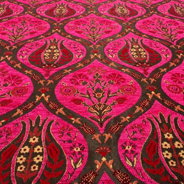 Tela de tapicería, tela turca cortada a medida, tela de patrón de tulipán rosa turco, tela chenilla, tela boho, tela jacquard