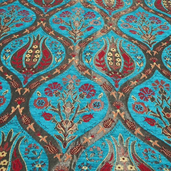 Upholstery Fabric, Turkish Fabric By the Yards, Turquoise Blue Tulip Pattern Fabric, Chenille Fabric, Bohemian Fabric, Jacquard Fabric