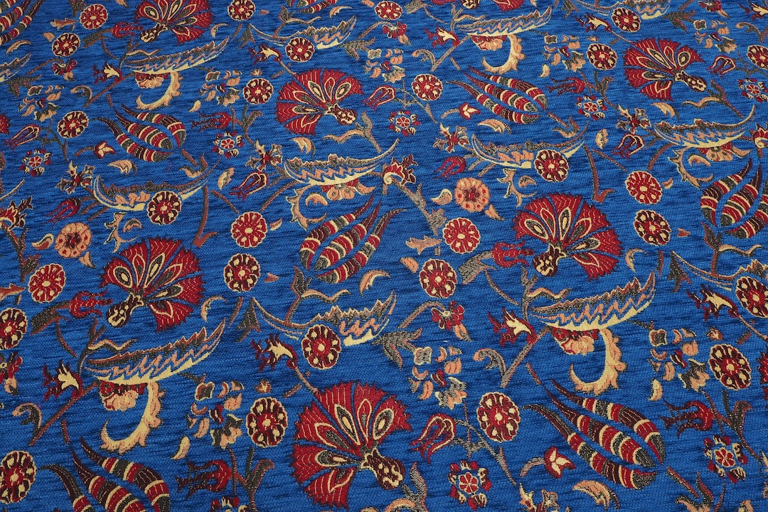 Upholstery Fabric,turkish Fabric by the Yards,turkish NAVY BLUE Carnation Tulip Pattern Fabric