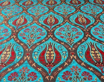 Upholstery Fabric, Turkish Fabric By the Yards, Turquoise Blue Tulip Pattern Fabric, Chenille Fabric, Bohemian Fabric, Jacquard Fabric