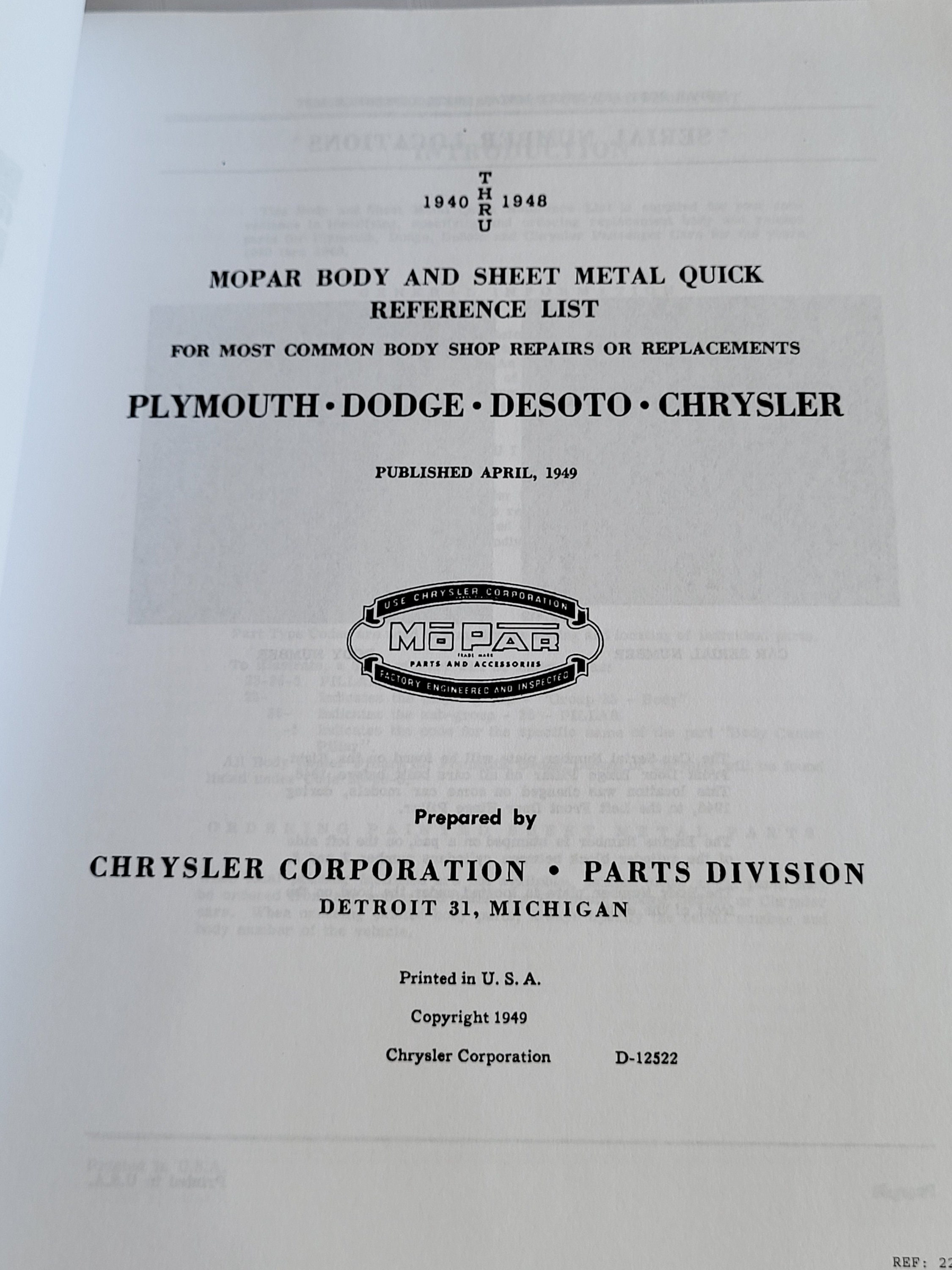 1940 1948 MOPAR Collision Parts Catalog Book Reissued Automotive Dodge