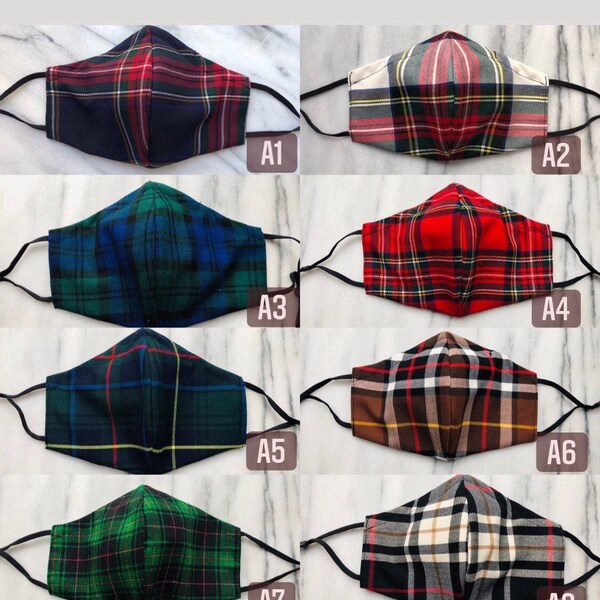 Tartan Plaid Mask, 100% Cotton, with adjustable ear loops, nose wire and filter pocket. Machine Washable Face Masks, made in Canada