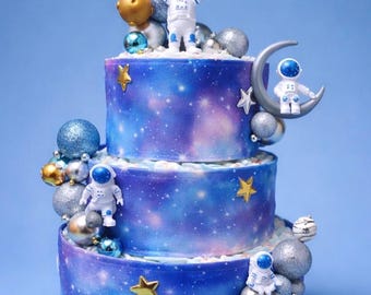 Tarta de pañales con temática de astronautas para baby shower, recién nacido, padres primerizos y regalo de cumpleaños.