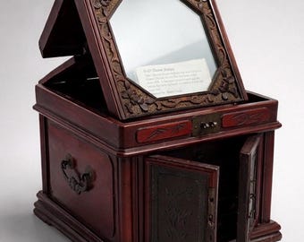Caja de maquillaje china vintage, joyero antiguo, caja de almacenamiento de tocador de madera con tapa de espejo plegable, caja decorativa con cerradura para guardar recuerdos.