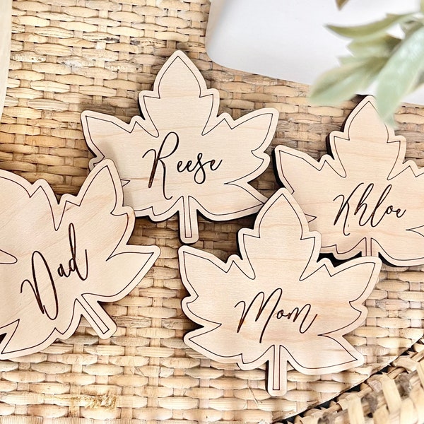 Thanksgiving Table Decor, Leaf Name Cards, Table Place Settings, Thanksgiving Table Setting, Wooden Leaves, Handmade, Personalized, Holiday