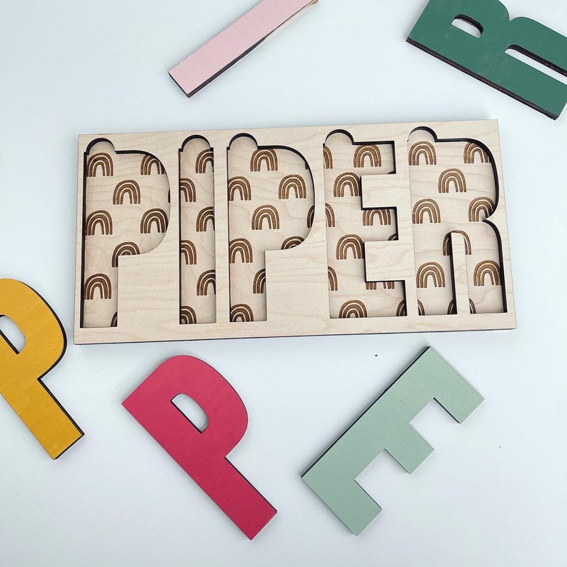 Rainbow Engraved Wooden Name Puzzle Personalized Hand Painted image 1