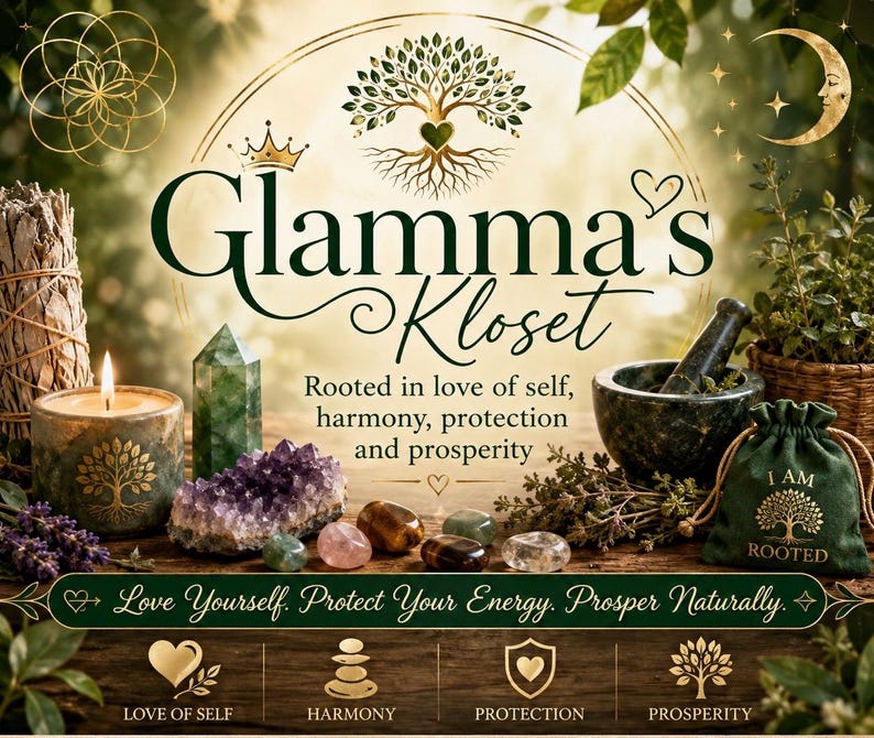 May include: An advertisement for Glamma's Kloset, featuring spiritual and wellness items. The image includes crystals, a candle, a mortar and pestle, and a small bag. Text includes "Love Yourself. Protect Your Energy. Prosper Naturally."