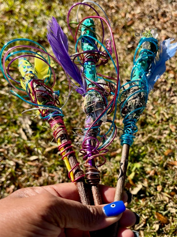 Healing Crystal Wand: Wrapped Raw Stones, Birch Wood Altar Gift