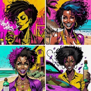 Könnte beinhalten: Vier Illustrationen von Frauen mit buntem Haar und Kleidung. Jede Frau hält eine Flasche mit Flüssigkeit. Der Hintergrund ist eine bunte Szene mit Palmen und einem Strand.