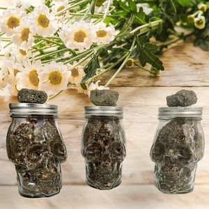 Royalty Skull Jar with loose incense Blue lotus Lavender mixed Goddess Blend and Raw Stone or Lg protection spell with skull incense holder