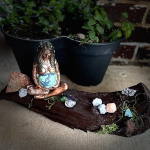 Goddess Gaia  | Mother Earth Mother Goddess | Wood Table Art Beautifully detailed with moss, raw stones and crystals | Felicity logs