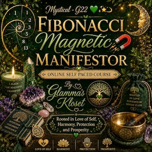 May include: An advertisement for an online course, "Fibonacci Magnetic Manifestor," in dark green and gold. The image features a candle, crystals, a singing bowl, and a drawstring bag. Text includes "Rooted in Love of Self, Harmony, Protection and Prosperity."