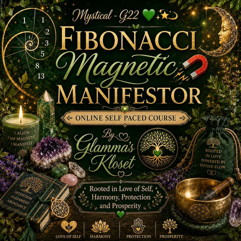 May include: An advertisement for an online course, "Fibonacci Magnetic Manifestor," in dark green and gold. The image features a candle, crystals, a singing bowl, and a drawstring bag. Text includes "Rooted in Love of Self, Harmony, Protection and Prosperity."