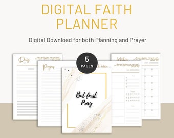May include: A digital planner with a marble background and gold accents. The planner has five pages and includes sections for daily plans, prayers, and monthly calendars. The text "But first. Pray" is featured on the cover.