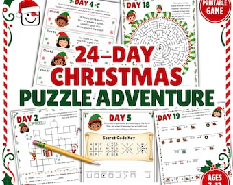 Puede incluir: Un juego imprimible de aventura y rompecabezas navideños de 24 días con varias hojas de actividades etiquetadas por día, incluyendo los días 2, 4, 5, 18 y 19. Las páginas contienen laberintos, claves de códigos y problemas matemáticos.