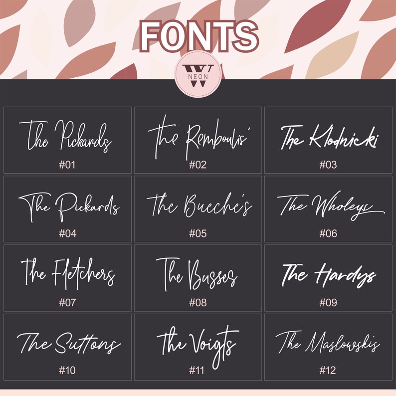 May include: A display of twelve different font styles, each showcasing a family name in elegant white script against a dark gray background. The word "FONTS" is at the top, with a logo in the center.