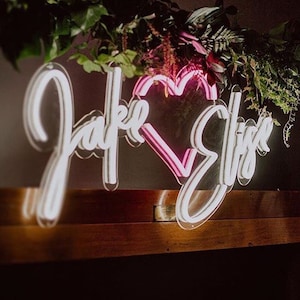 Custom Neon Signs: Names Neon Sign with heart, Wedding decoration for photo booth, Neon logo sign for Bar decoration