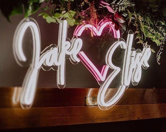 Custom Neon Signs: Names Neon Sign with heart, Wedding decoration for photo booth, Neon logo sign for Bar decoration