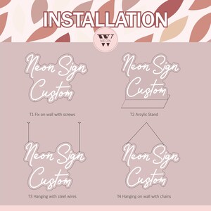 May include: Installation guide for custom neon signs. The image shows four different methods: fixing with screws, using an acrylic stand, hanging with steel wires, and hanging with chains. The text includes "Neon Sign Custom".