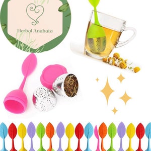 May include: A set of 12 colorful silicone tea infusers shaped like leaves. Each infuser has a stainless steel ball with holes for steeping loose leaf tea. The infusers are available in a variety of colors, including red, orange, yellow, green, blue, purple, and pink.