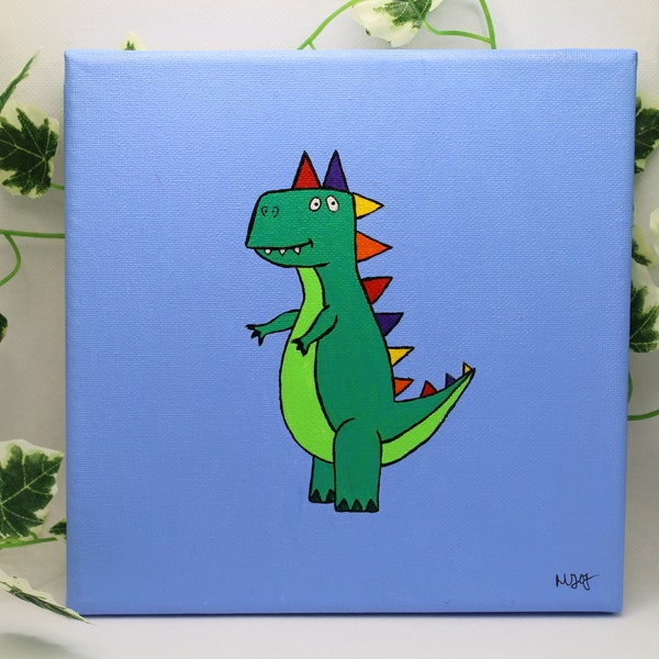 Cute Green Dino Canvas, Painting, Art, Hand-Painted, Rainbow Dinosaur, Children’s Bedroom Decoration, Acrylic Painting, Gift Ideas.