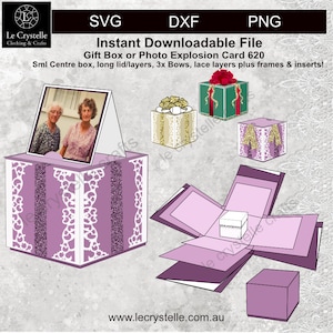 May include: A purple and white gift box explosion card with a photo of two women on the front. The card is decorated with lace and glitter. The text "Instant Downloadable File Gift Box or Photo Explosion Card 620" is printed on the top of the card. The text "Sml Centre box, long lid/layers, 3x Bows, lace layers plus frames & inserts!" is printed below the title.
