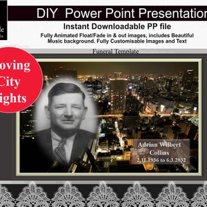 Pode incluir: Uma fotografia a preto e branco de um homem de fato e gravata. A fotografia está sobre um fundo de um horizonte urbano à noite. O texto "Adrian Wilbert Collins 2.11.1936 to 6.3.2032" está abaixo da fotografia. A imagem é um modelo para uma apresentação de PowerPoint para um funeral.