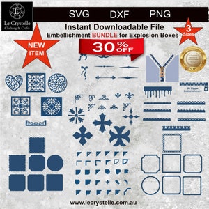 May include: A digital download bundle of 30 SVG, DXF, and PNG files for explosion boxes. The bundle includes a variety of embellishments, including hearts, squares, circles, crosses, flowers, and more. The bundle is available for 30% off.  The text "Le Crystelle Clothing & Crafts" is in the top left corner of the image. The text "New Item" is in a red star in the top left corner of the image. The text "Instant Downloadable File" is in a red banner at the top of the image. The text "Embellishment Bundle for Explosion Boxes" is in a red banner at the top of the image. The text "30% Off" is in a red circle at the top of the image. The text "3 Sizes" is in a red star at the top right corner of the image. The text "www.lecrystelle.com.au" is at the bottom of the image.