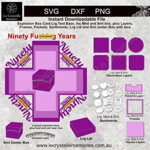 May include: A digital download graphic featuring a purple explosion box card design with various elements. Includes layers, frames, pockets, sentiments, and a small center box with lace. The text reads "Ninety Fu Censored Years".