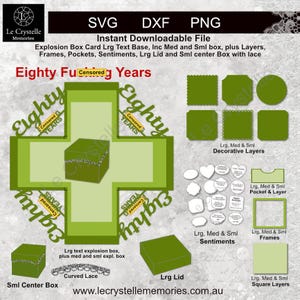 May include: Digital SVG, DXF, and PNG files for an explosion box card. The design includes layers, frames, pockets, sentiments, a large lid, and a small center box with lace. The text reads "Eighty Years".