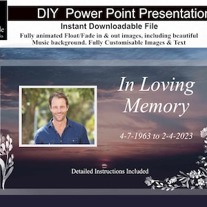 May include: A digital template for a PowerPoint presentation with a sunset background and a photo of a man. The text "In Loving Memory" is displayed with the dates "4-7-1963 to 2-4-2023".