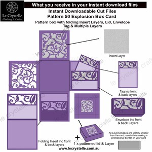 Może przedstawiać: Wz&oacute;r pudełka eksplodującego w kolorze fioletowym i srebrnym z kwiatowym wzorem. Wz&oacute;r zawiera pudełko, pokrywkę, warstwy wkładki, kopertę i etykietę. Tekst "Le Crystelle Clothing & Crafts" i "www.lecrystelle.com.au" jest zawarty w obrazie.