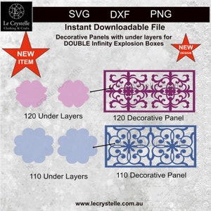 Puede incluir: Dos archivos de corte digital para un panel decorativo con intrincados diseños florales. El panel se muestra en dos variaciones de color: morado y azul. Los archivos incluyen 120 y 110 capas inferiores para manualidades.