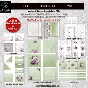 Op de afbeelding: Een digitale download voor een printbare explosiebox-kaartset met een groen en paars bloemenontwerp. De set bevat enveloppen, patroonpapier, journaaltags, versieringstags en deksellagen. De set is compatibel met Cricut Print & Cut.