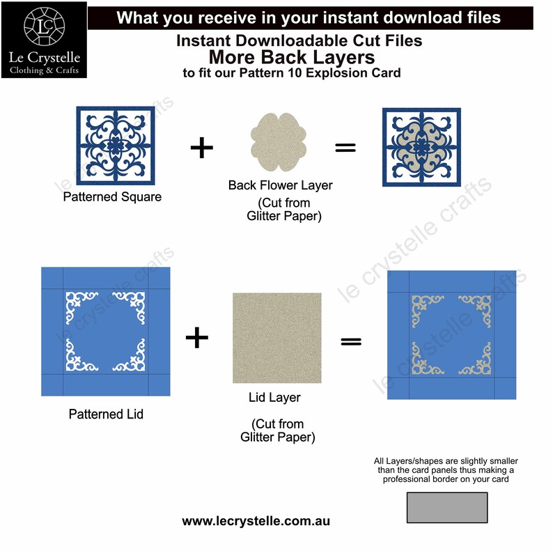 K&ouml;nnte beinhalten: Diagramm herunterladbarer Schnittdateien f&uuml;r eine Explosionskarte. Enth&auml;lt ein gemustertes Quadrat und einen Deckel sowie hintere Bl&uuml;ten- und Deckelschichten, passend f&uuml;r Muster 10. Der Text lautet "More Back Layers" und "Instant Downloadable Cut Files".