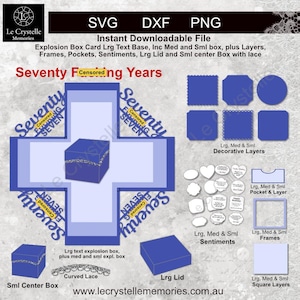 Puede incluir: Un archivo digital SVG, DXF y PNG para una tarjeta explosiva. El diseño incluye capas, marcos, bolsillos, sentimientos, una tapa grande y una caja central pequeña con encaje. El texto dice "Seventy F***ing Years."