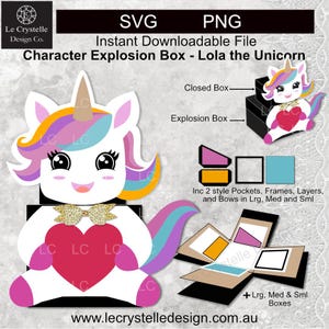 May include: A digital download graphic featuring a unicorn-themed explosion box. The design includes a white unicorn with a rainbow mane, a gold bow, and a heart. The box is shown closed and open, with additional design elements.