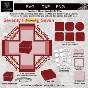 Puede incluir: Archivo digital SVG, DXF y PNG para una tarjeta de caja explosiva. El diseño incluye capas, marcos, bolsillos, sentimientos, una tapa grande y una caja central pequeña con encaje. El texto dice "Seventy F Censored g Seven".