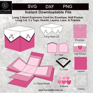 May include: A digital download of a 3D heart explosion card template. The template includes a long lid, envelope, half pocket, 2 tags, 9 hearts, 3 boxes, 2 lace pieces, and frames. The template is pink and white.