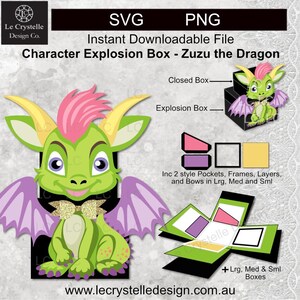 May include: Digital download file for a Character Explosion Box featuring Zuzu the Dragon. The design includes SVG and PNG formats, with pockets, frames, layers, and bows in various sizes. The dragon is green with pink and yellow accents.