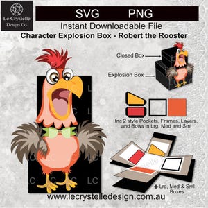 Puede incluir: Gráfico de descarga digital que presenta un diseño de caja de explosión de personaje de Robert el Gallo. El diseño incluye una caja cerrada, una caja de explosión y varias capas y marcos. La paleta de colores incluye rojo, naranja y negro.