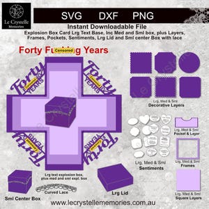 May include: Digital SVG, DXF, and PNG files for an explosion box card, featuring layers, frames, pockets, sentiments, and a small centre box with lace. The design includes the text "Forty F***ing Years" in purple.