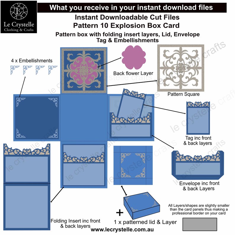K&ouml;nnte beinhalten: Diagramm einer Pattern 10 Explosionsbox-Karte mit Schnittdateien f&uuml;r einen gemusterten Deckel, Umschlag, Etikett und Verzierungen. Das Design umfasst faltbare Einsatzschichten und eine hintere Blumenschicht. Der Text auf dem Bild lautet "Le Crystelle Clothing & Crafts".