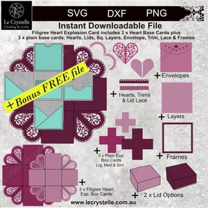 Hart explosie vak SVG/filigraan hart gesneden bestand/exploderende kaartsjabloon/svg-kaarten/vouwkaarten/gelaagde kaart/cricut/silhouet/