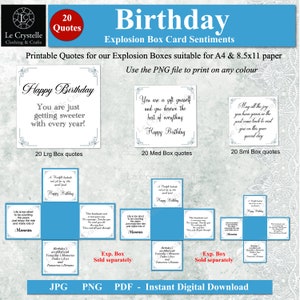 Puede incluir: Una descarga digital de 20 citas de cumpleaños imprimibles para cajas de explosión. Las citas están en tres tamaños diferentes: grande, mediano y pequeño. Las citas están impresas en un fondo azul con texto blanco y un borde decorativo. El texto incluye frases como "Feliz cumpleaños", "¡Te pones más dulce con cada año!" y "Que toda la alegría que has dado en el pasado vuelva a visitarte en este día especial tuyo".