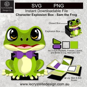 Puede incluir: Archivo digital SVG y PNG para una caja explosiva de personajes con "Sam the Frog". El diseño incluye una rana verde con una pajarita morada, que se muestra en formatos de caja cerrada y explotada. Incluye bolsillos, marcos, capas y lazos.