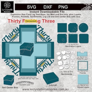 May include: Digital SVG, DXF, and PNG files for an explosion box card. The design includes layers, frames, pockets, sentiments, a large lid, and a small center box with lace. The text "Thirty F***ing Three" is featured in the design.