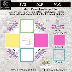 Puede incluir: Un archivo de descarga digital para una manualidad de caja de explosión de unicornio. La imagen muestra una cuadrícula de nueve cuadrados con diferentes partes de la caja, incluyendo la base, la tapa, las capas, los marcos, los adornos de unicornio y una pequeña caja central con cintas. El texto "Unicorn Explosion Box Inc Base, Lid, Layers, Frames, Unicorn Embellishments, Sml Centre Box & Ribbons" está en la parte superior de la imagen.