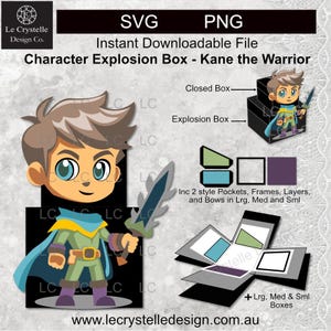 May include: Digital download file for a character explosion box featuring "Kane the Warrior." The design includes SVG and PNG formats, with pockets, frames, layers, and bows in various sizes. The image shows a cartoon warrior and an example of the box.